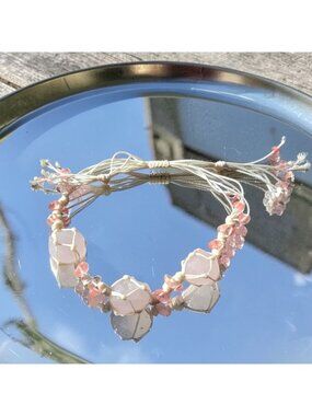 Rose Quartz Crystal Bracelet Pink Gemstone Cord Jewelry Adjustable Boho Fairycor